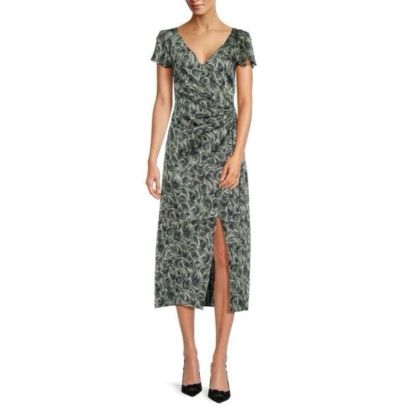 NWT CINQ Á SEPT Kacydie Green 90s Floral Abstract Slit Midi Dress Size 10 - Picture 6 of 12